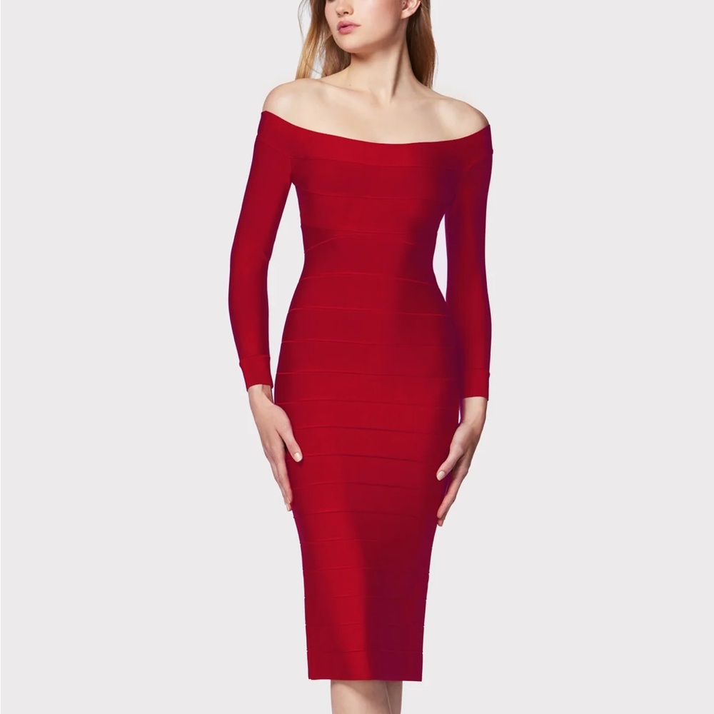Herve Leger ICON SCOOP NECK 3/4 SLV MIDI DRESS